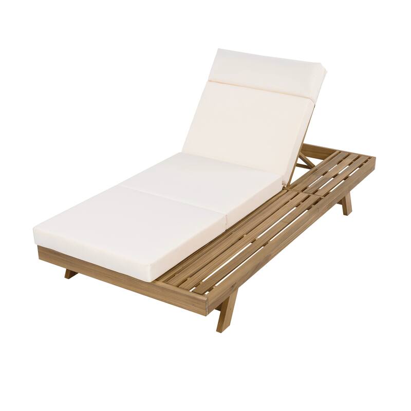 Outdoor Patio Acacia Wood Chaise Lounge Chair with Adjustable Backrest, Side Open Storage and Water-Repellent Cushions