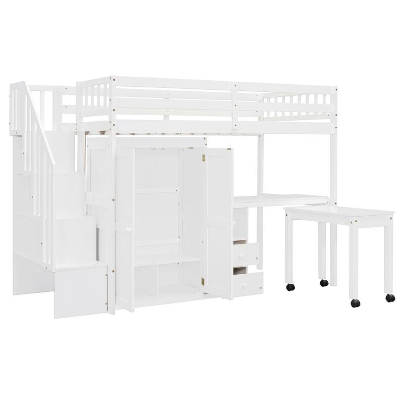 Space-Saving Twin Loft Bed with Stairs, Bookshelf, Drawers, Desk & Wardrobe for Kids & Teens - White