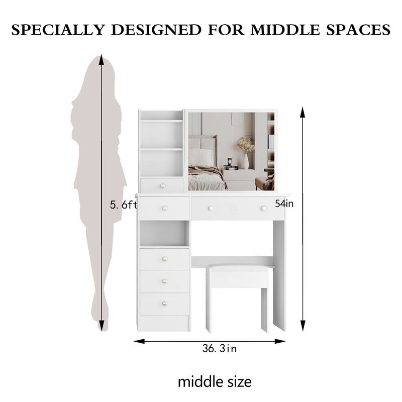 37" Mid-Size Left-Drawer Vanity Table with Cushioned Stool and Sliding Mirror