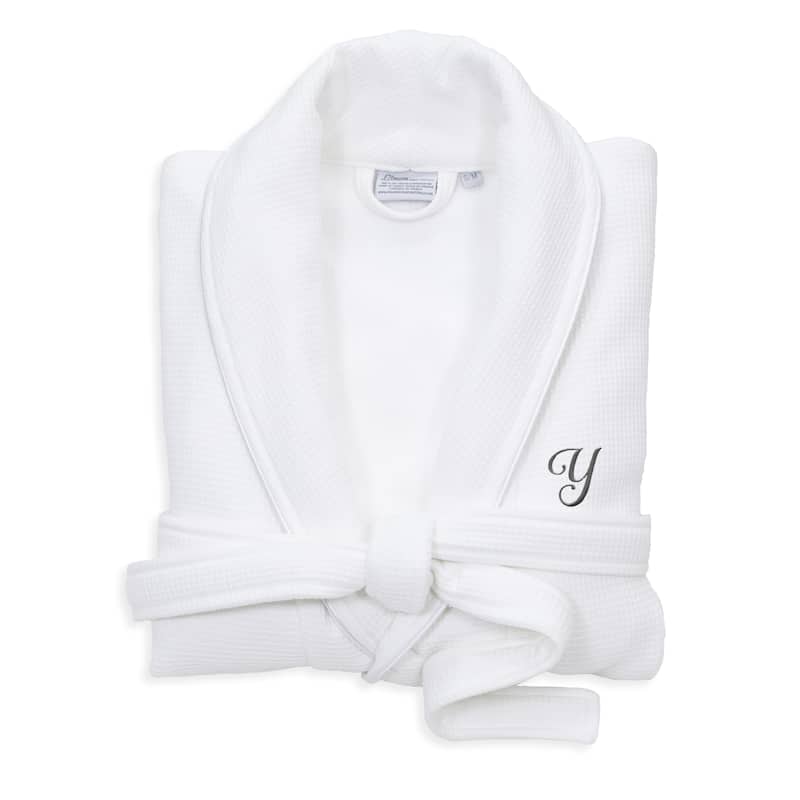 Authentic Hotel and Spa White Unisex Turkish Cotton Waffle Weave Terry Bath Robe with Grey Script Monogram - S/M - Y