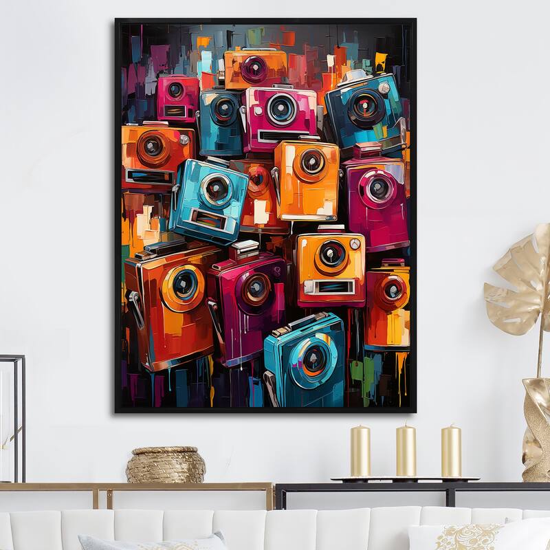 Designart "Popart Colorful Cameras " Pop Art Framed Wall Decor