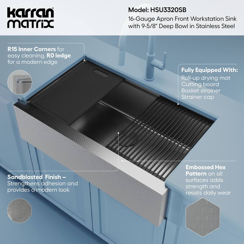 Karran Matrix 33" Apron Front Workstation 16 Gauge Single Bowl Stainless Steel Kitchen Sink with Accessories