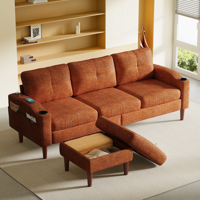 Convertible Combination Sofa Sofa L-Shaped Sofa With Footstools With Storage,3-Seater Combination Sofa - Orange
