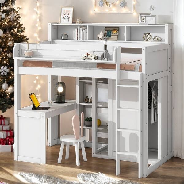 slide 2 of 13, Twin Size Loft bed with Multiple Storage Shelves and Wardrobe for Home White