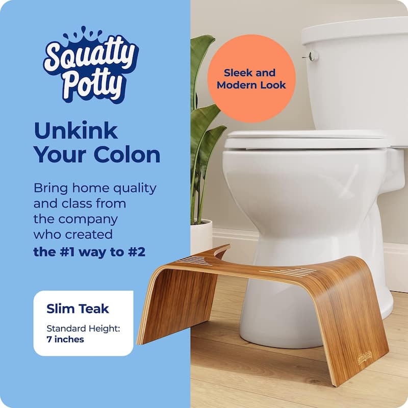 Squatty Potty Slim Teak Toilet Stool, 7 Inch Height, Original Bathroom Wood Stool for Natural Positioning - Brown
