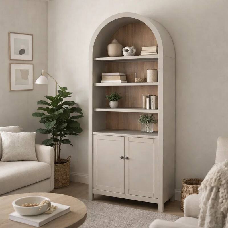 Xeny Arched Display Cabinet, 3 Shelves w 2 Doors, Light Gray Mahogany