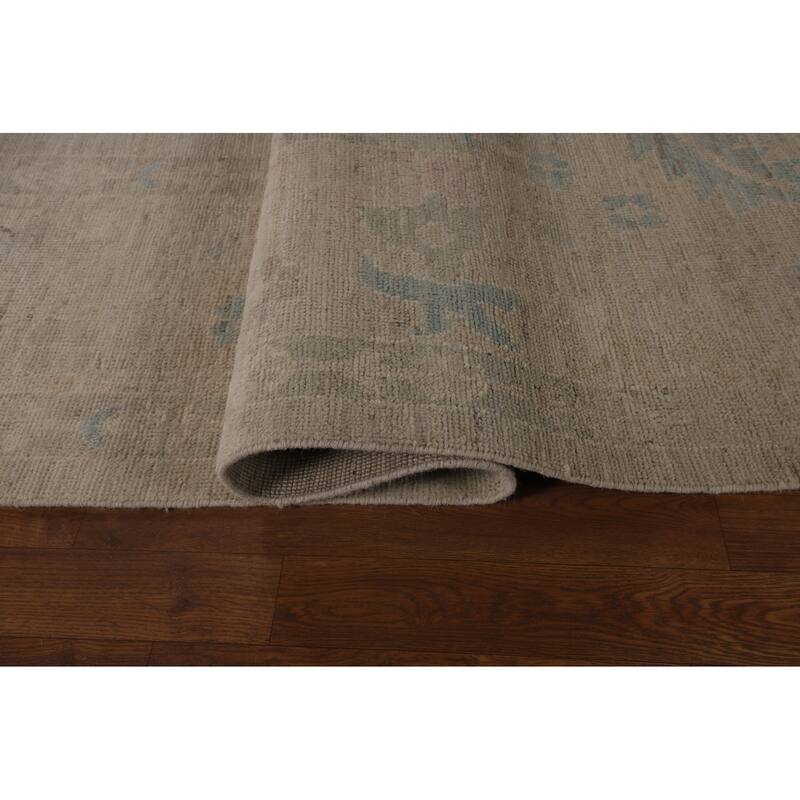 Beige Vegetable Dye Oushak Turkish Rug Hand-Knotted Floral Wool Carpet - 8'11"x 11'7"