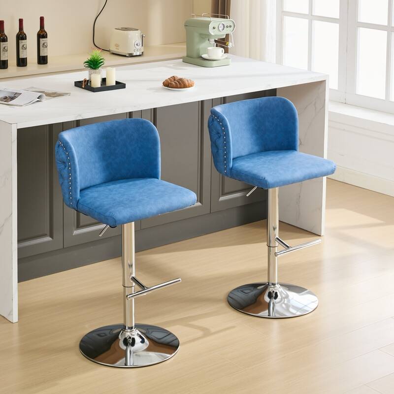 Modern PU Upholstered Bar Stools Set of 2, Swivel Barstools with Tufted Back, Adjustable Seat Height with Chrome Base