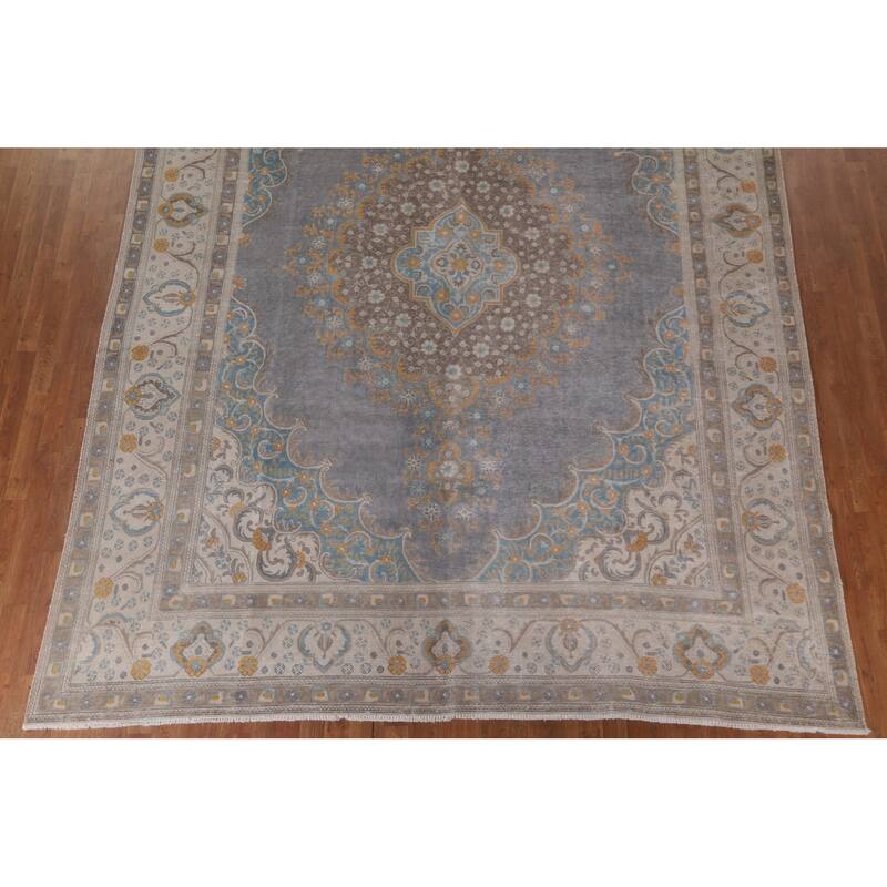 Hand Knotted Oriental 100% Wool Carpet Traditional Medallion Greys & Charcoal Tabriz Area Rug - 12' 8'' X 9' 6''