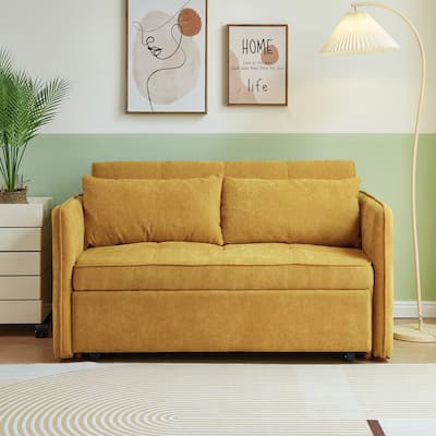 3 in 1 Convertible Sleeper Sofa Bed, Small Sofa with Side Pockets and 2 Pillows, Chenille Loveseat with Adjustable Arms