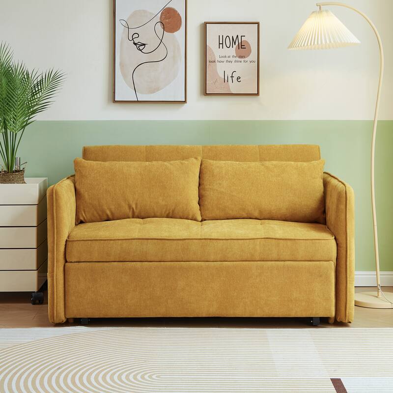 Convertible Sofa Bed Padded Seat Sofa Couch with Pull-Out Bed, Famous Sleeper Sofa Bed 2-Seater Couch - Yellow