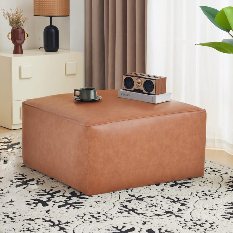 Roomfitters Square Upholstered Ottoman Coffee Table with Modern Low Profile Design - Brown+Tan