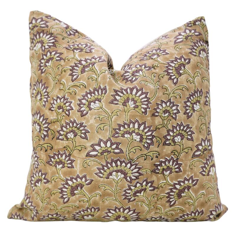 Fabdivine Handmade Block Print 16x16 Inch Cushion Cover Floral Fall Farmhouse Décor Rustic Square Pillowcase, Rajnigandha