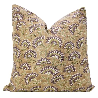 Fabdivine Handmade Block Print 18x18 Inch Cushion Cover Floral Fall Farmhouse Décor Rustic Square Pillowcase, Rajnigandha