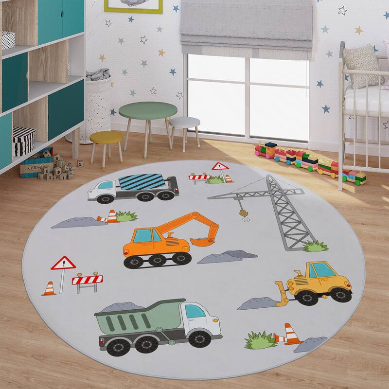 Kids Rug for Nursery Construction Site Play Mat Cranes Trucks in Grey - 6'7" Round