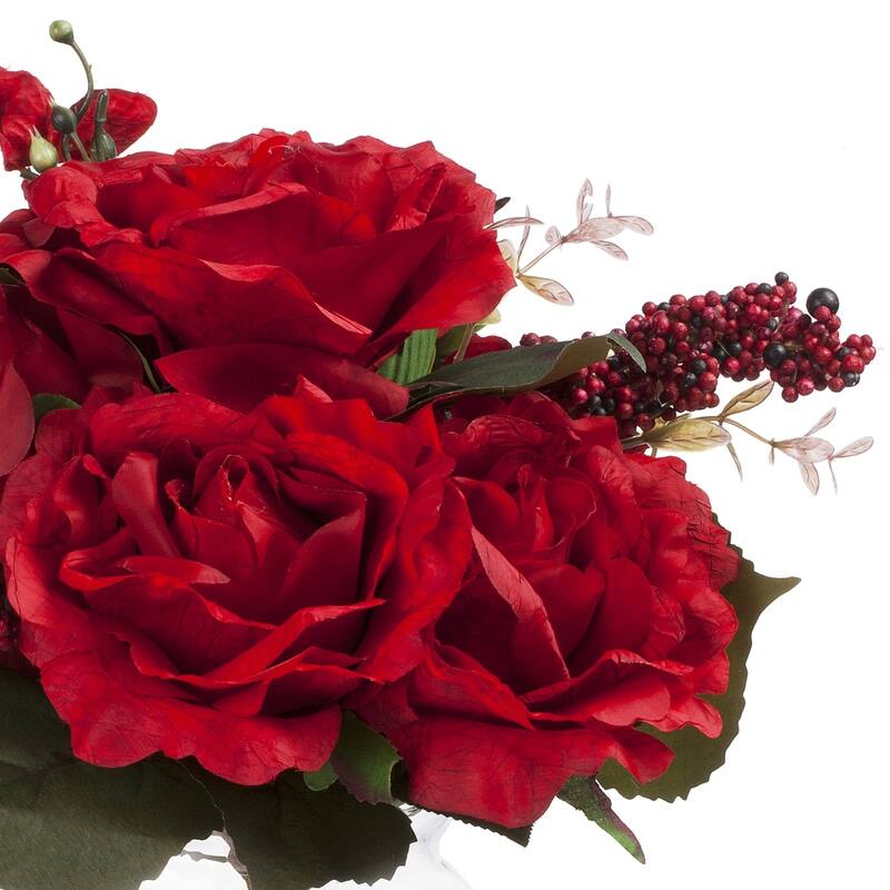 Enova Home Mixed Artificial Silk Roses Fake Flowers Arrangement in Glass Vase with Faux Water and River Stone for Home Decor
