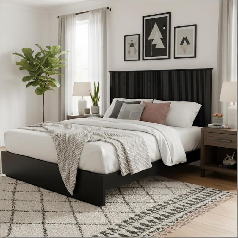 Christopher Knight Home - Brookhaven Modern Wooden Panel Bed with Vertical Slat Headboard - Black - Queen