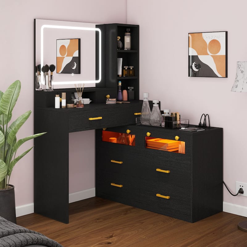 Moasis 64.9'' Makeup Vanity Desk Set with Drawers Storage Dresser & LED Lighted Mirror