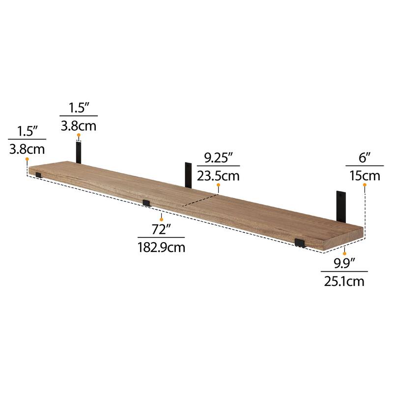 Wallniture Forte Wood Board 72" Long, 9.25'' Deep, 1.5" Thick, Floating Bookshelf for Wall, Hanging Shelf Living Room Decor, 1Pc