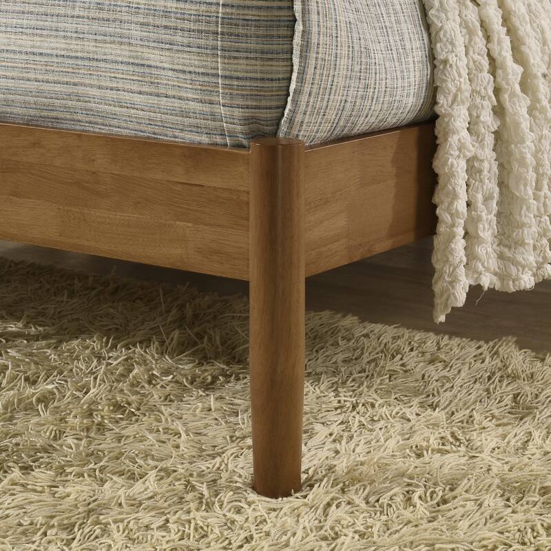 Queen Size Platform Bed with Upholstered Corduroy Headboard, Solid Rubberwood Frame in Light Walnut Finish