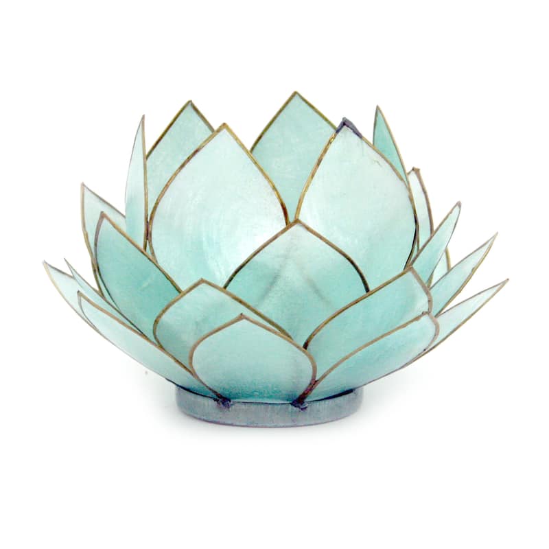 Light Blue Capiz Shell Opening Lotus Flower Bulb Tealight Candle - 3.25 X 5 X 5 inches