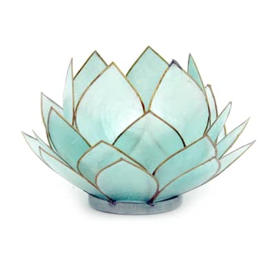 Light Blue Capiz Shell Opening Lotus Flower Bulb Tealight Candle - 3.25 X 5 X 5 inches