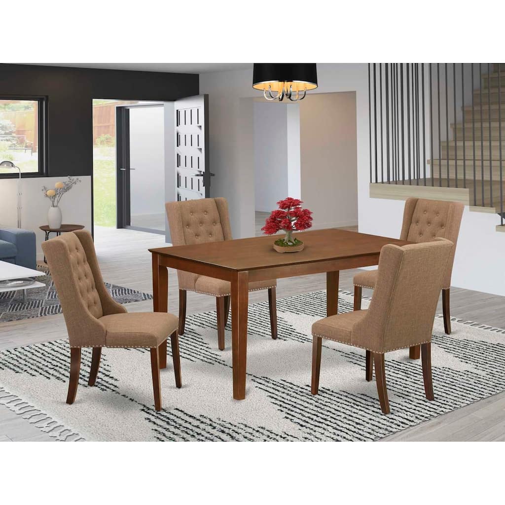 5-Piece Mahogany Finish Solid Wood Top - Rectangular Button Tufted Dining Room Set - Seats 4