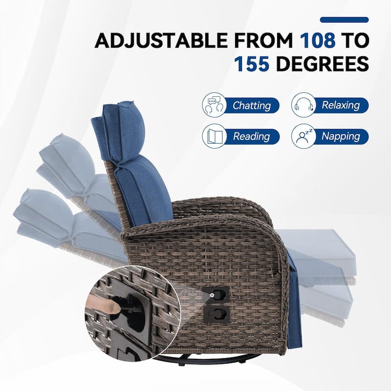 Pocassy Outdoor Brown Wicker Chaise Lounge Chair with Side Table Blue Cushion