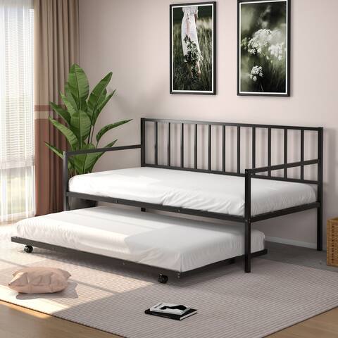 Costway Twin Metal Daybed with Roll Out Trundle Heavy Duty Frame Sofa