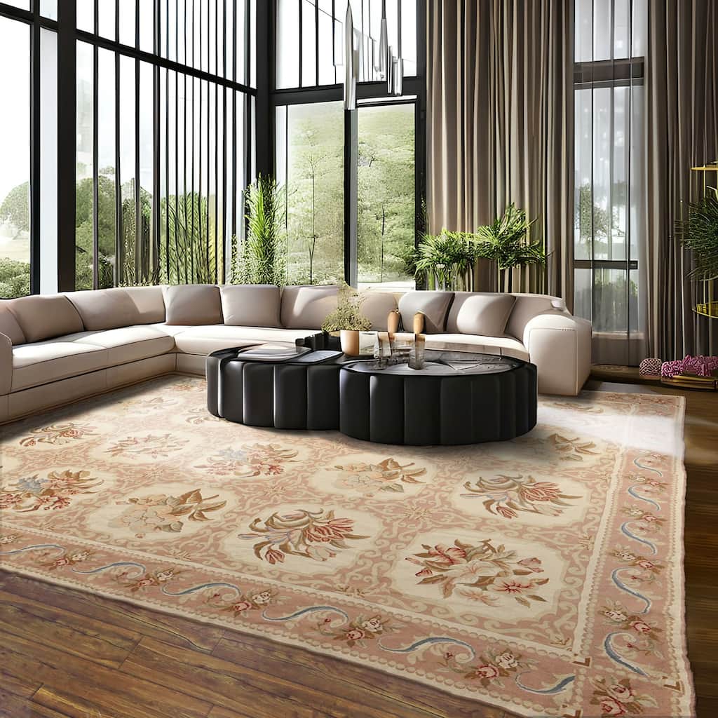 Hand Woven Beige Multi Aubusson Wool Traditional Oriental Area Rug - 9' 8'' x 11' 8''