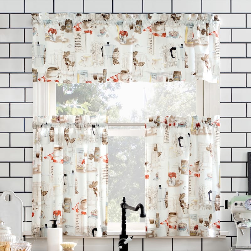 No. 918 Brew Coffee Shop Semi-Sheer Rod Pocket Kitchen Curtain Valance and Tiers Set - White - 54x36