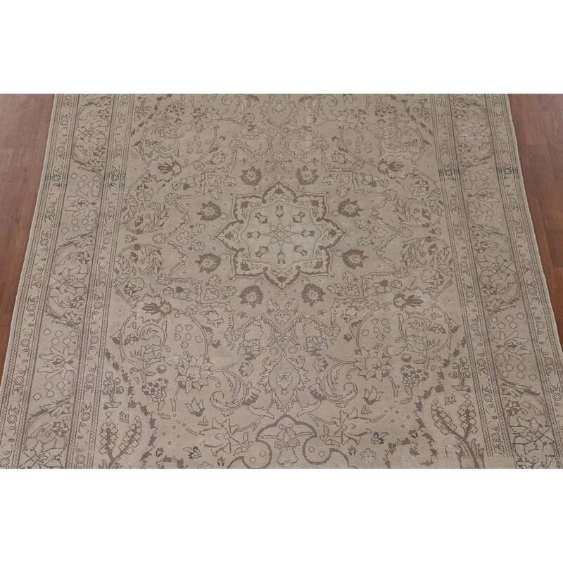 Traditional Tabriz Persian Vintage Rug Hand-Knotted Beige Wool Carpet - 6'6"x 9'7"