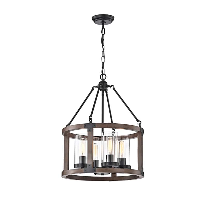 Daniela Pine Wood Drum Cage Glass Pendant with Antique Black Metal