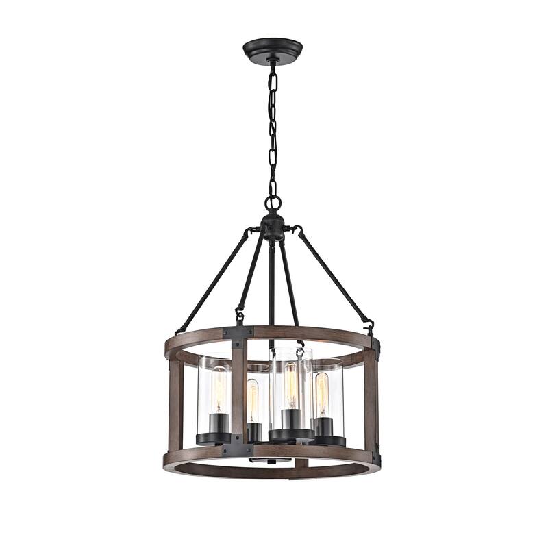 Daniela Pine Wood Drum Cage Glass Pendant with Antique Black Metal