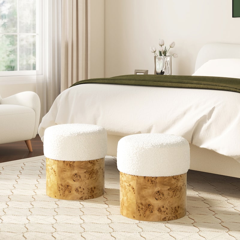 Nebula 16.5" Boucle Round Ottoman with Burl Wood Base