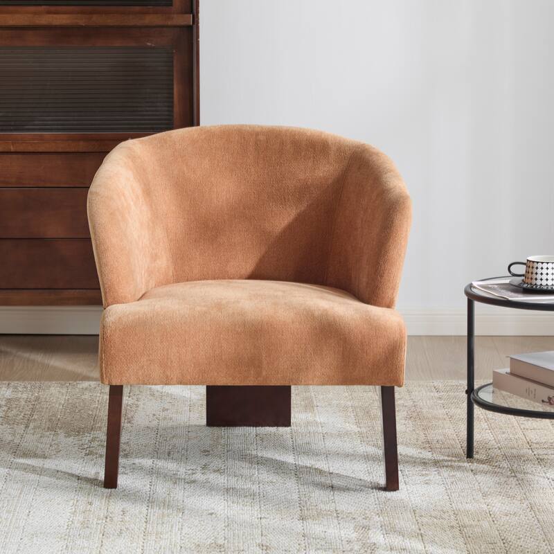 Modern Accent Chair with Round Back & Wooden Legs - Mid-Century Inspired Lounge Chair - Soft Fabric Upholstery