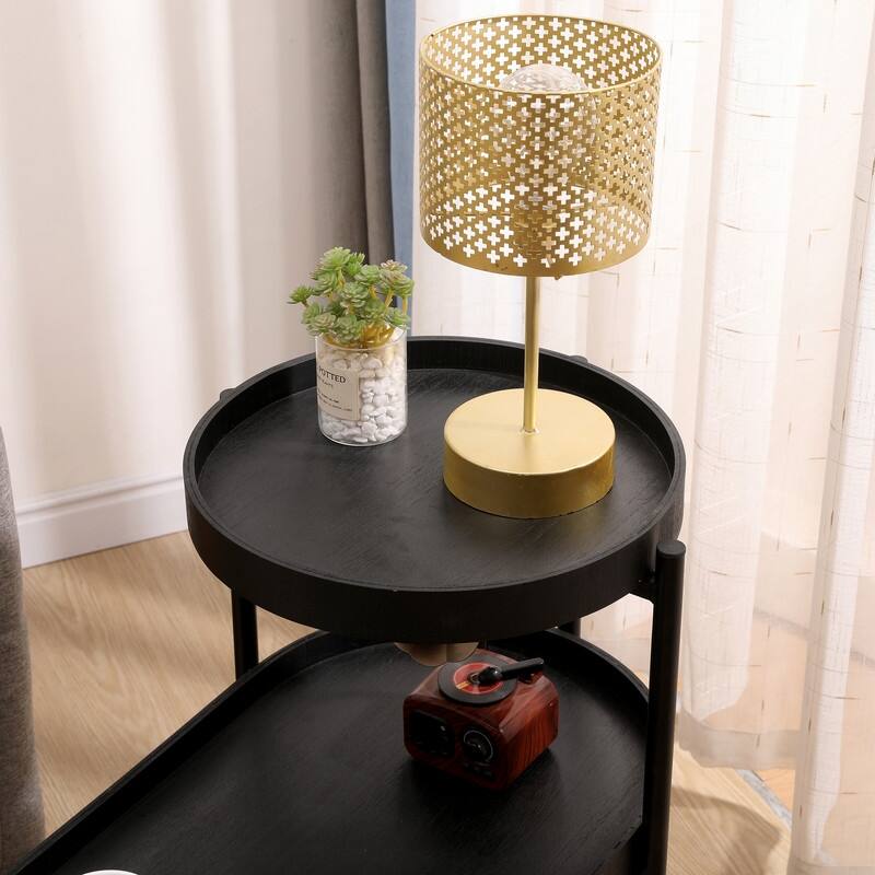 Modern 2-Tier Sofa Side Table with Storage - Black Metal Frame & Wooden Tray