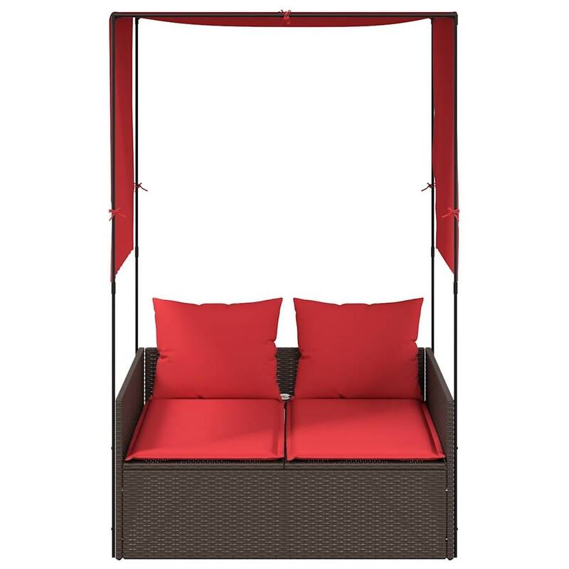 vidaXL Double Sun Lounger with Roof and Curtains Poly Rattan Brown/Gray/Black - 17.0 x 18.3 x 29.0