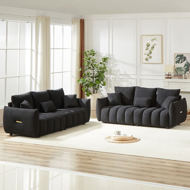 GDFStudio - 6-Seater Wooden Frame Teddy Fabric 81" Combo Sofa with 6 Pillows - Black