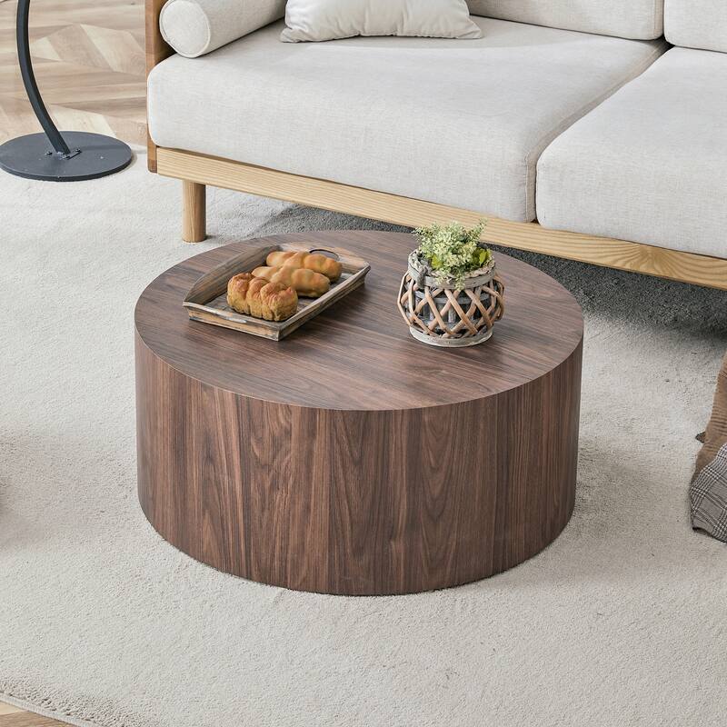 Cylindrical Coffee Table Accent Table, Round Sofa Table with Natural Wood Grain Texture for Living Room