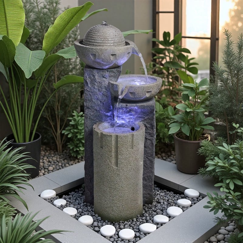 Resin Weather Resistant Outdoor Fountain, Modern Bowl Design with Soothing Water Sound