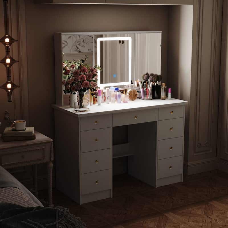 Vanity Desk with Mirror and Lights, Large Makeup Vanity Dressing Table