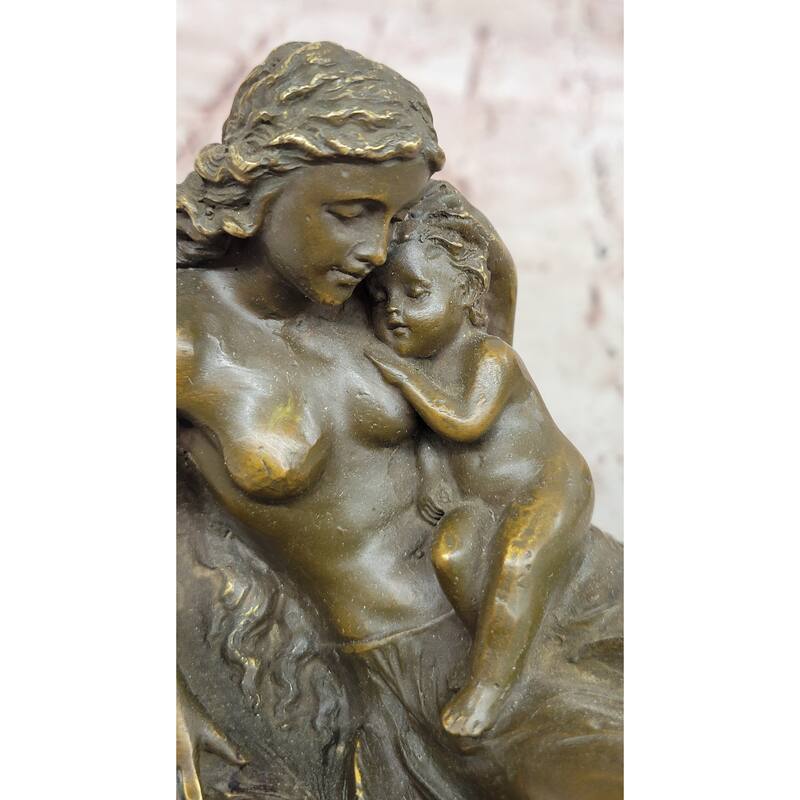 Bronze Fairy And Child In Swan Boat Sculpture On Marble Base