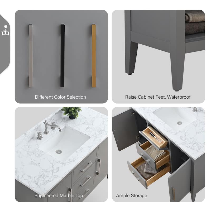 Vanity Art 48" Single Sink Bathroom Vanity Cabinet with Engineered Marble Countertop