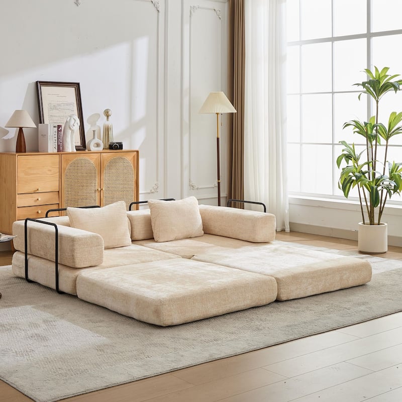 Convertible Floor Sofa Bed - Fixed Frame Chenille Loveseat, Modular Sectional, No Assembly Required