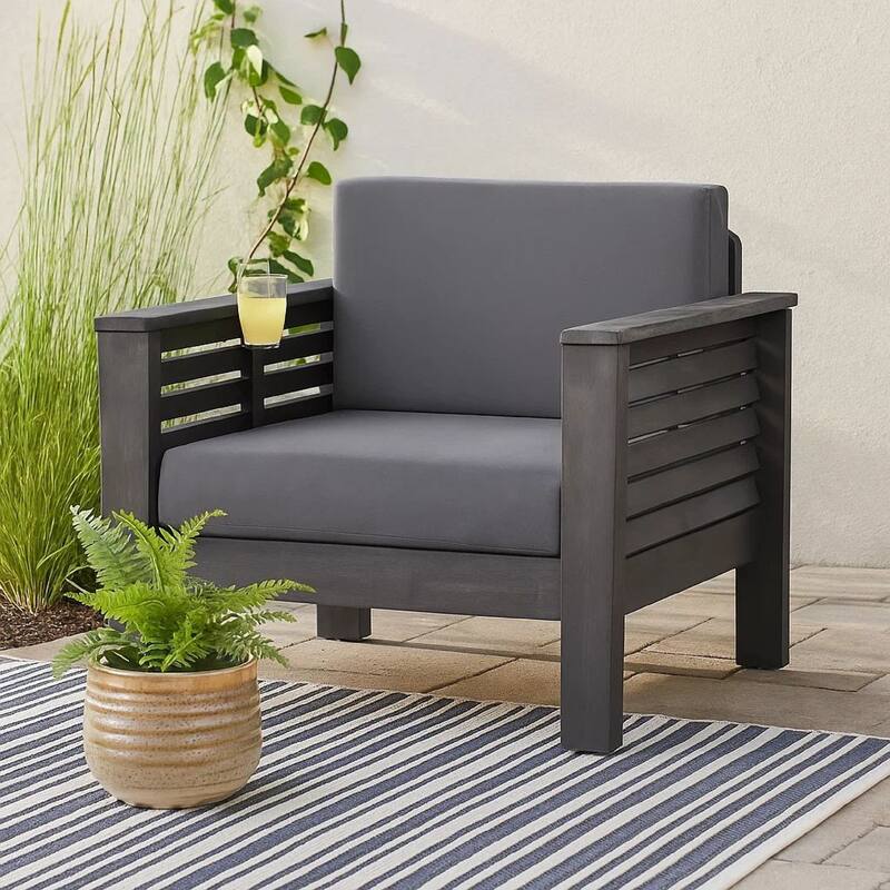 Quim Outdoor Club Chair, Shutter Slat Panel, Gray Acacia Wood, Gray Fabric