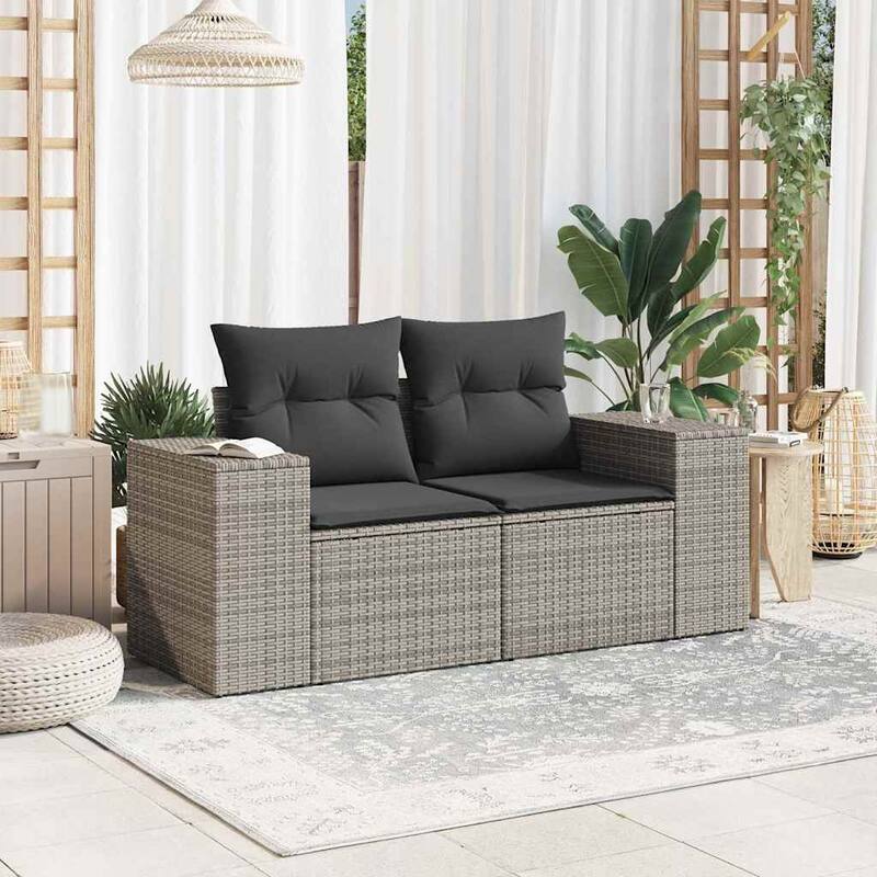 vidaXL Patio Sofa with Cushions 2-Seater Modular Couch Loveseat Poly Rattan - 24.4 x 73.2 x 27.2 in