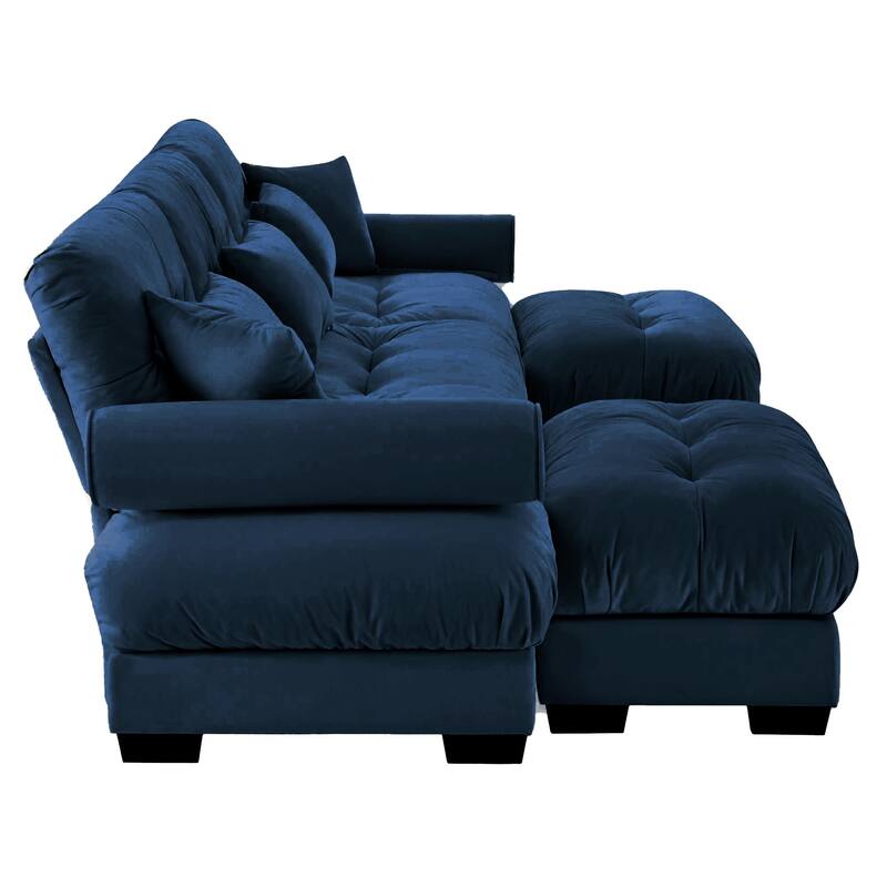 GDFStudio - Thalassia Velvet 3-Seater Sofa and Dual Movable Ottomans With Pillows