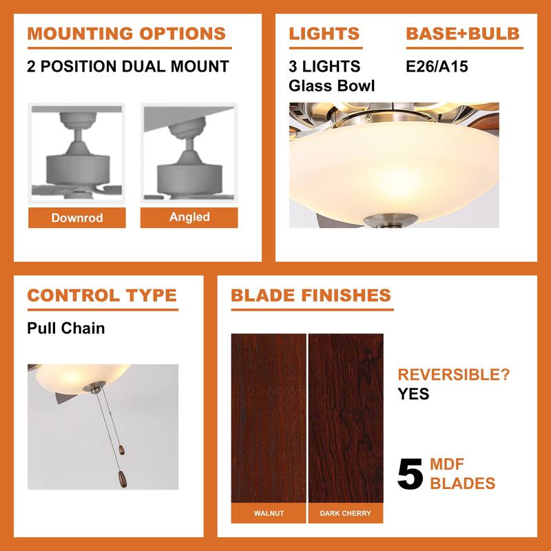 52-inch Nickel Modern Dual Mounting Ceiling Fan with Light and Pull Chain - Polished Nickel