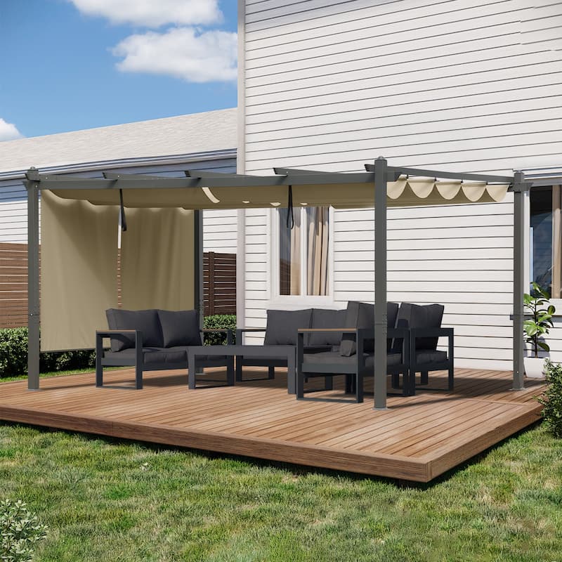Aoodor Outdoor Pergola with Aluminum Frame & Retractable Canopy - 12 x 14 ft - Khaki